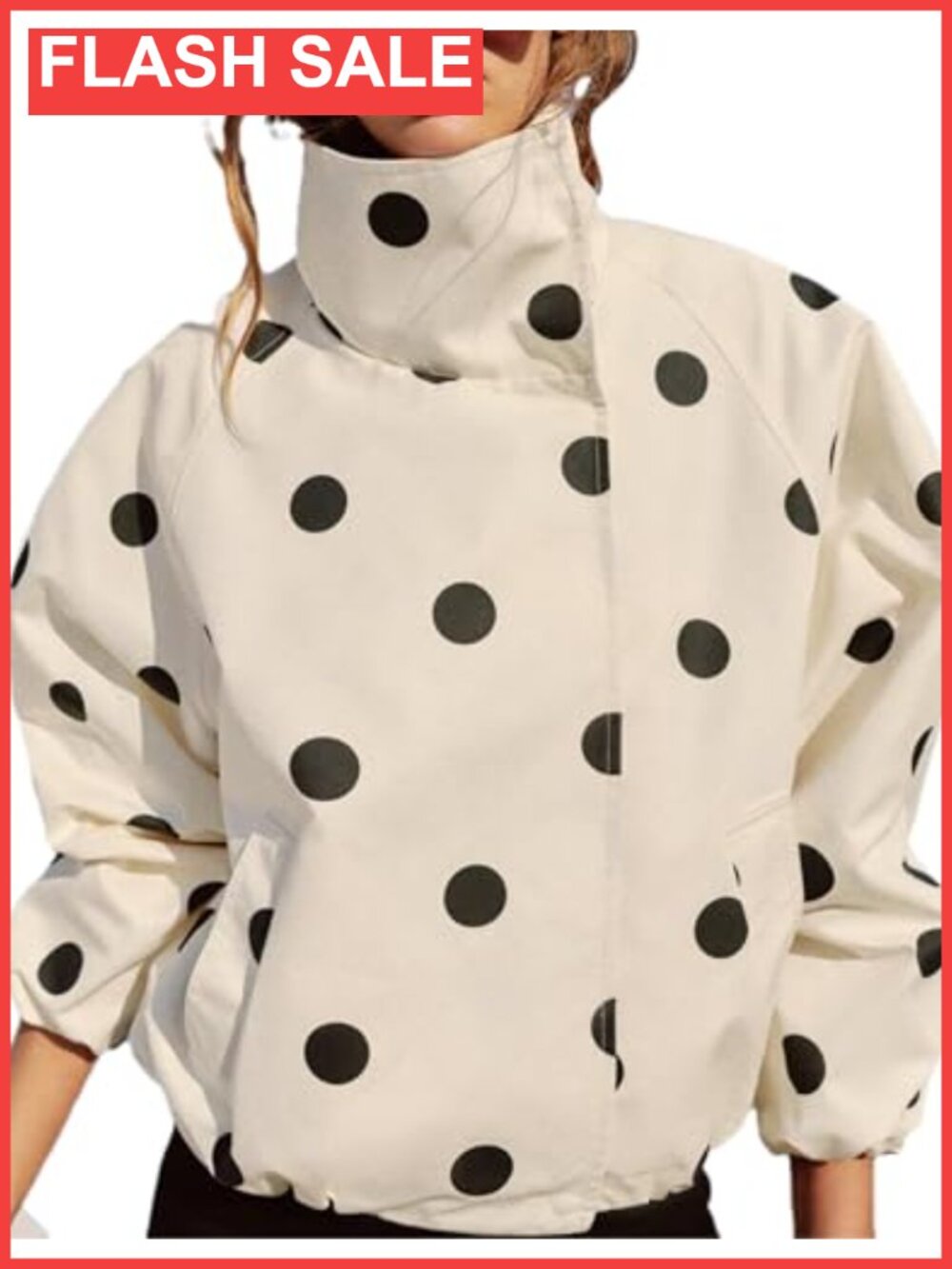 Women's Polka Dot Bomber Jacket Funnel Neck Windbreaker Casual Outerwear